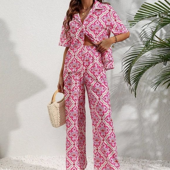 Multicolor Boho Womens  Allover Print Knot Front Shirt & Wide Leg Pants - Picture 1 of 5